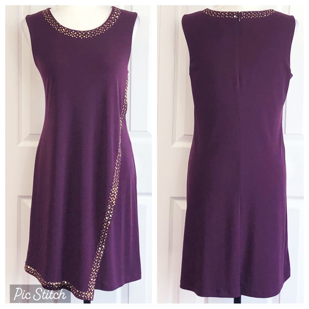 Calvin Klein Aubergine Purple Beaded Trim Sleeveless Shift Dress 8